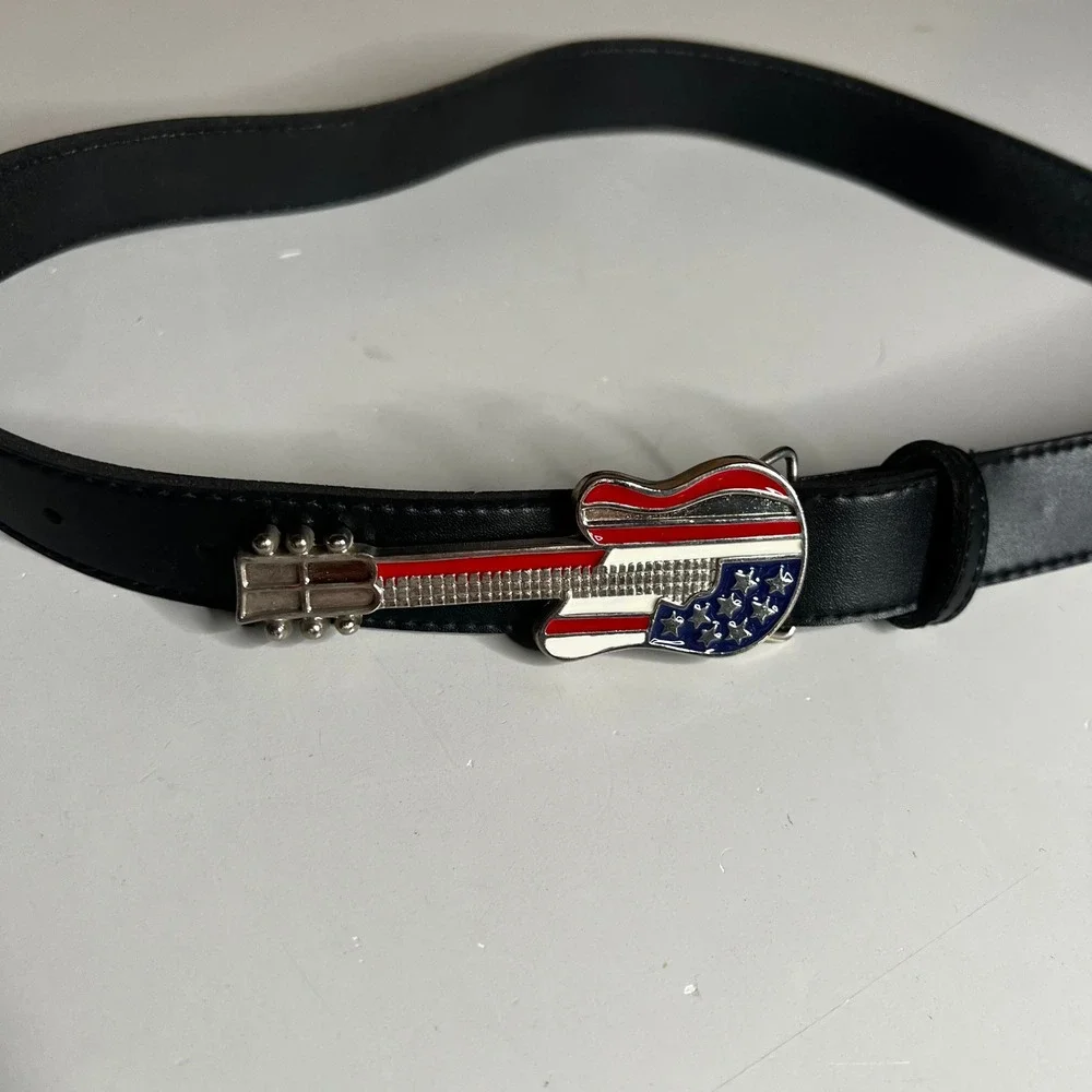 Black Belt with American Flag Guitar Buckle Patriotic Music Rocker Accessory